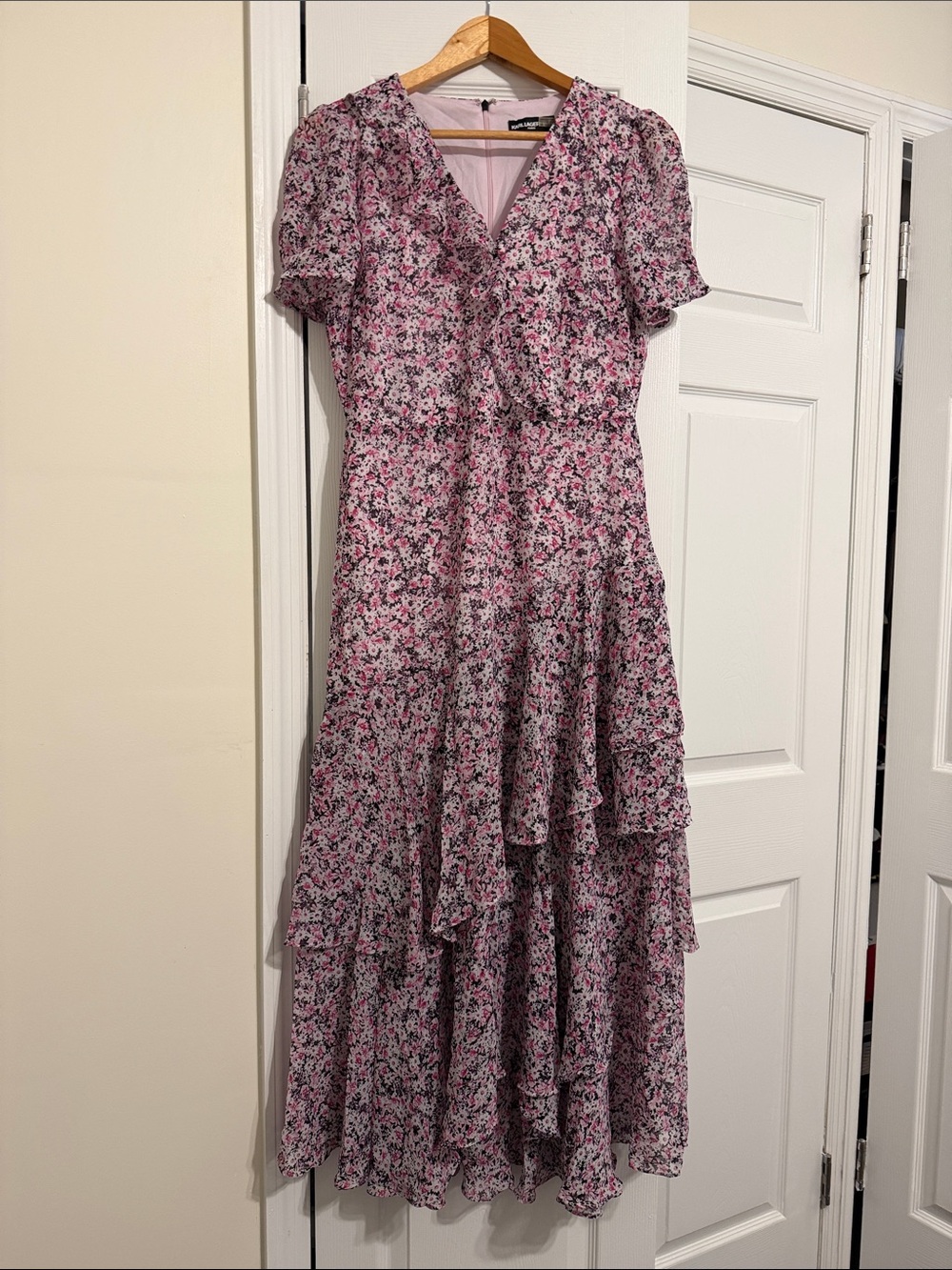 Karl Lagerfeld Pink Floral Ruffle Maxi Dress